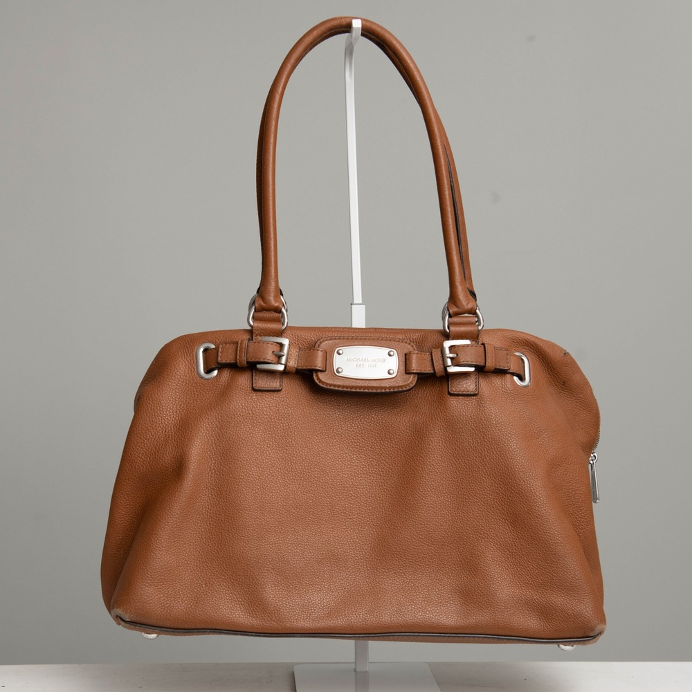 MICHAEL KORS Hamilton Satchel Shoulder Bag Pebbled Leather Brown Earthy Neutral